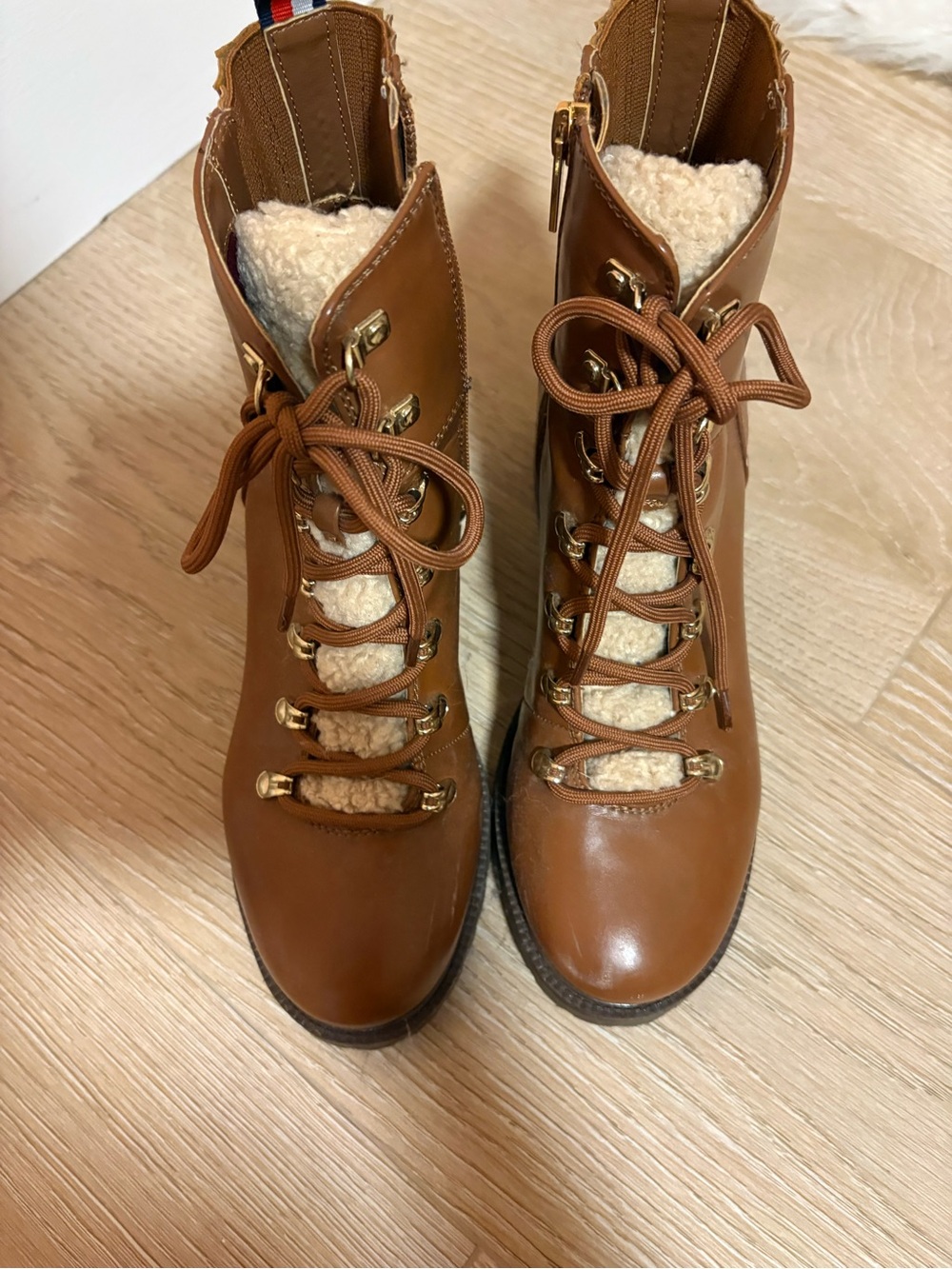 Tommy Hilfiger Tan Lace-Up Shearling-Trim Combat Boots